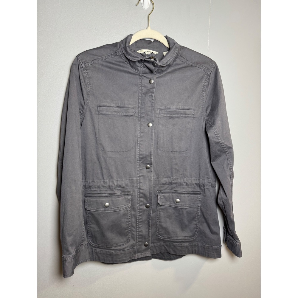 L.L.Bean Women Gray Utility Field Jacket Size S Cotton Blend Snap Button Pockets